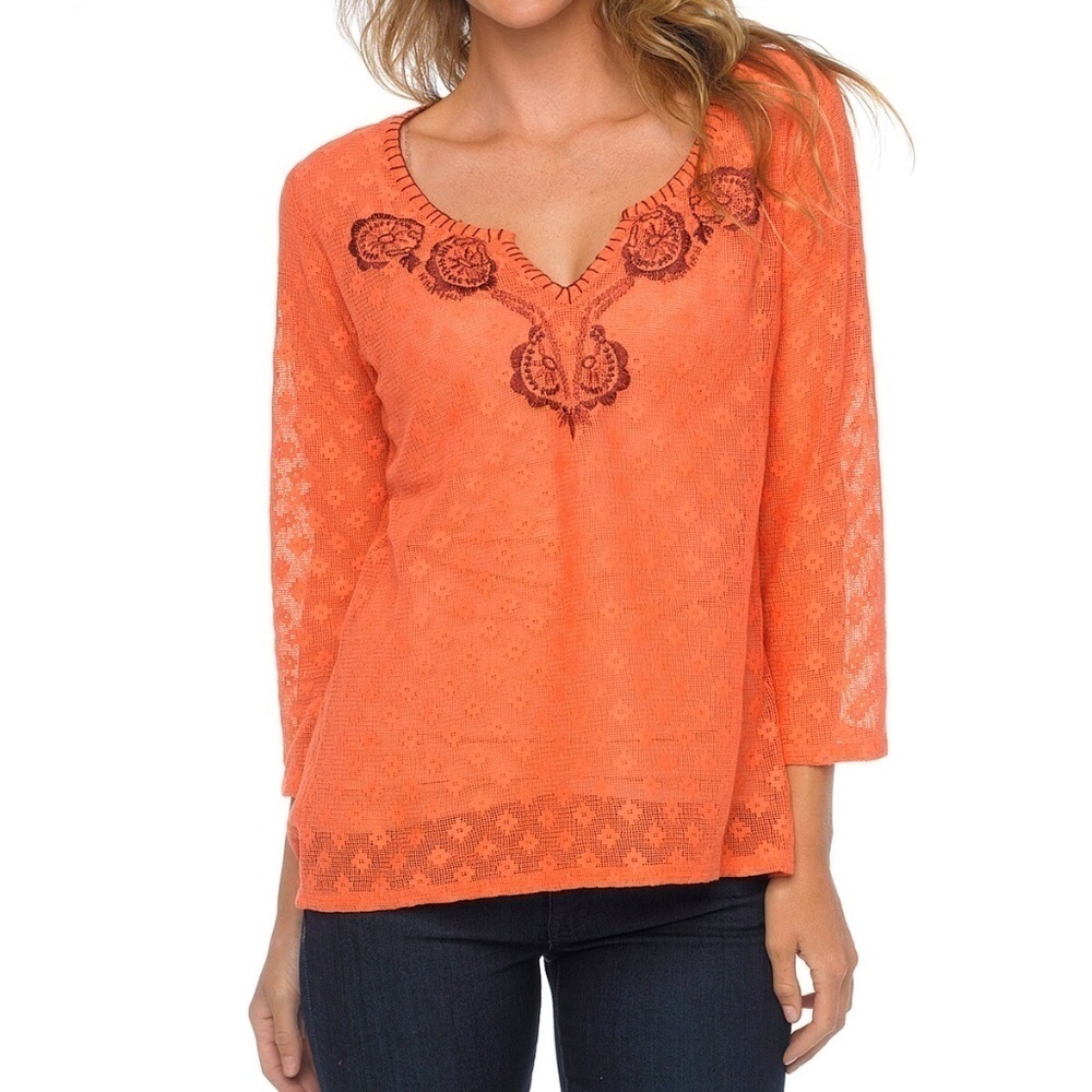 Prana | Coral Winnie Boho Mesh Lace Embroidered Peasant Top, Large
